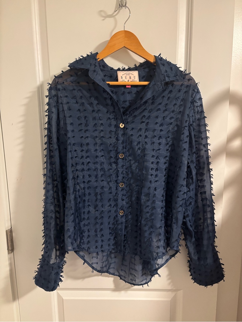 BURU Mel Button Down Shirt Navy Blue Sheer Size Medium - Picture 6 of 11